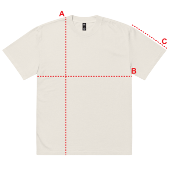 Måleskitse af HVY t-shirt med A for længde, B for bredde og C for ærmelængde